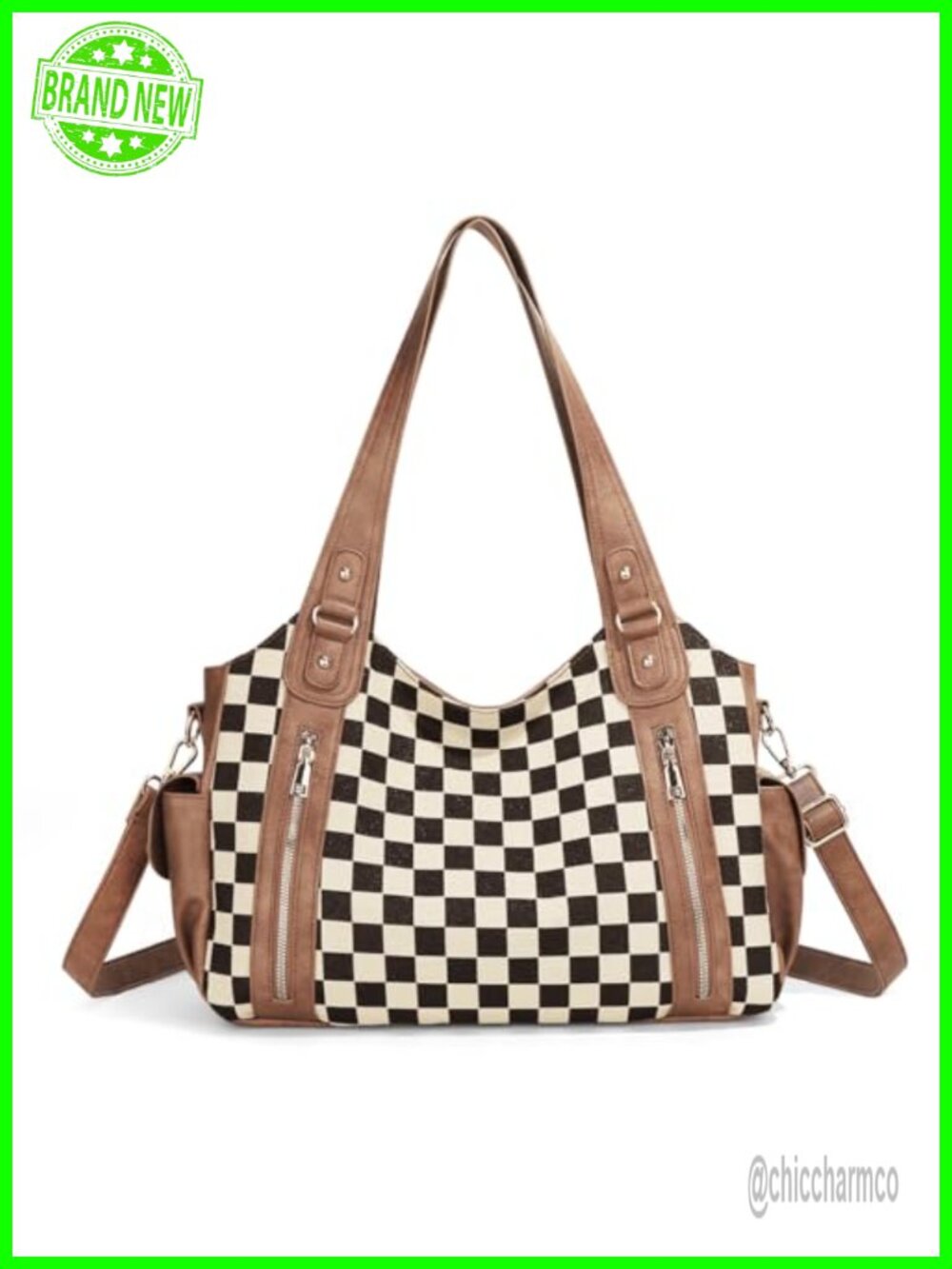PU Leather Canvas Checkered Hobo Tote Bag with Crossbody Strap